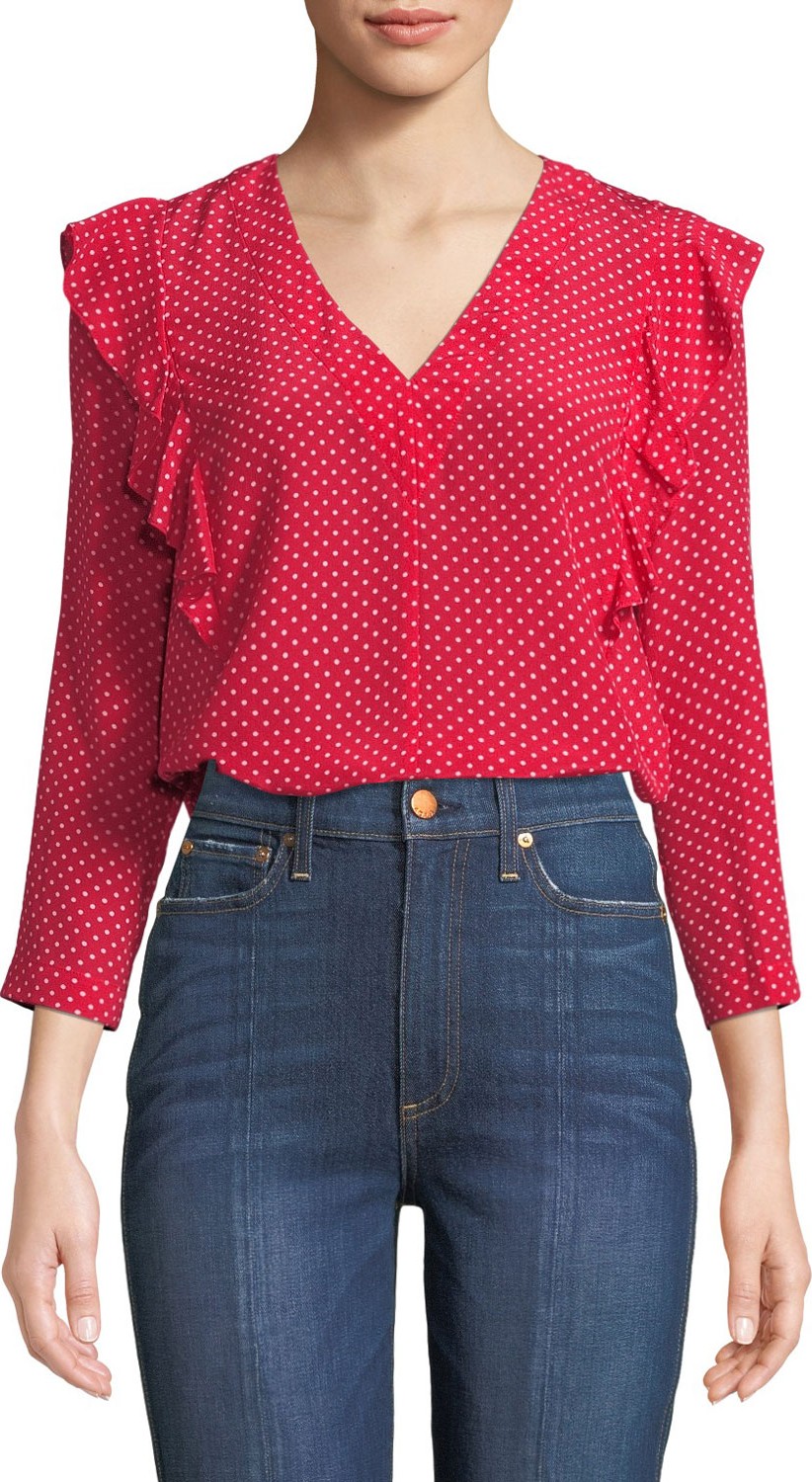 Rebecca Taylor Dot-Print V-Neck Ruffle Top