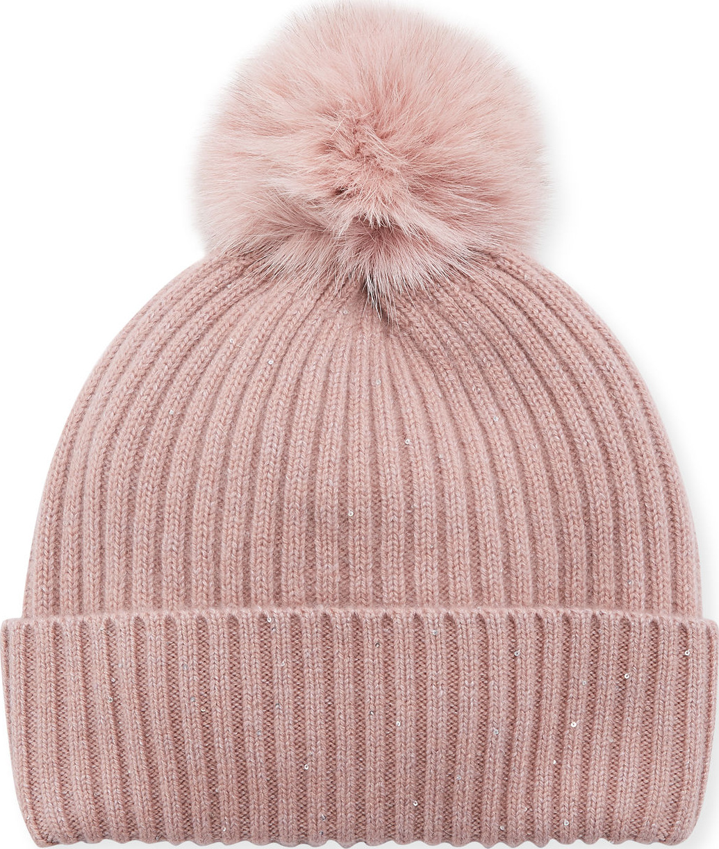 Sofia Cashmere Sequin Knit Hat w/ Fur Pompom