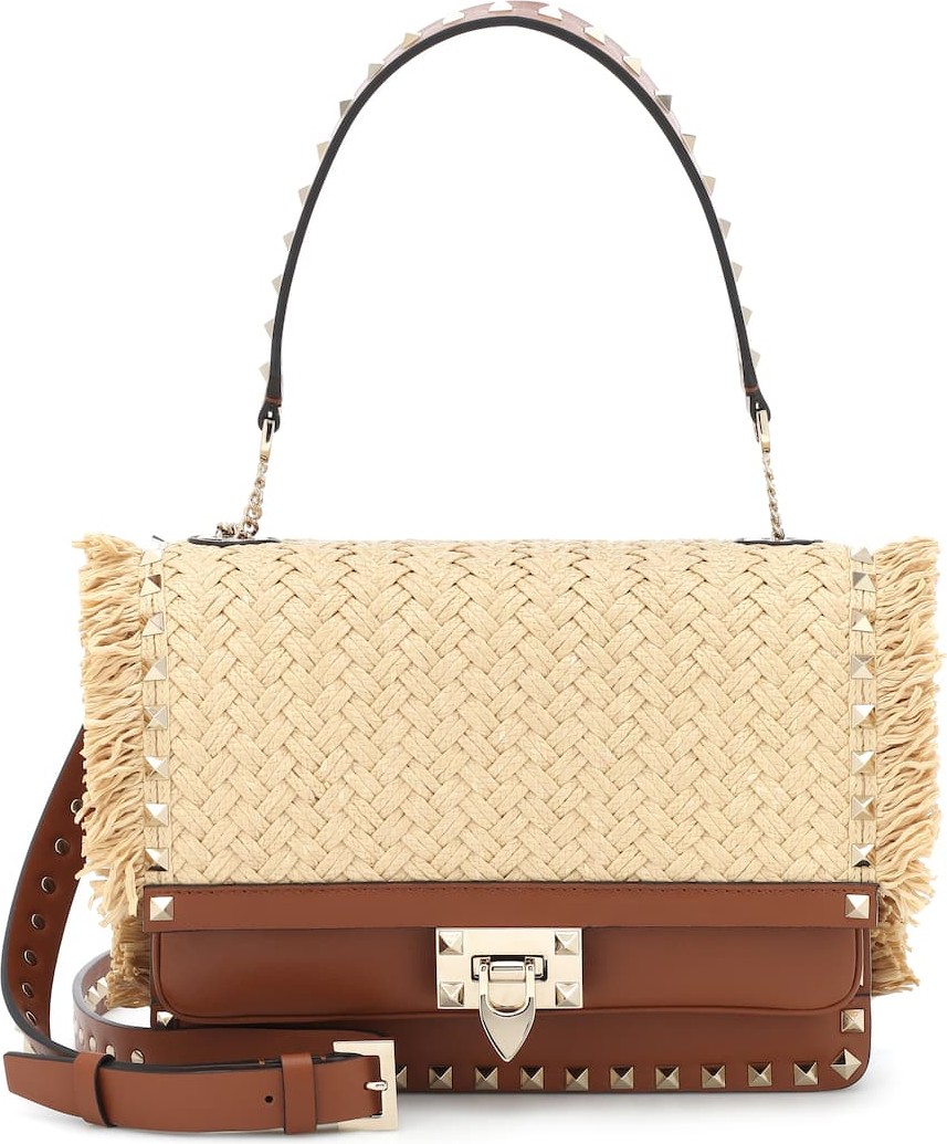 Valentino Valentino Garavani Rockstud raffia and leather shoulder bag