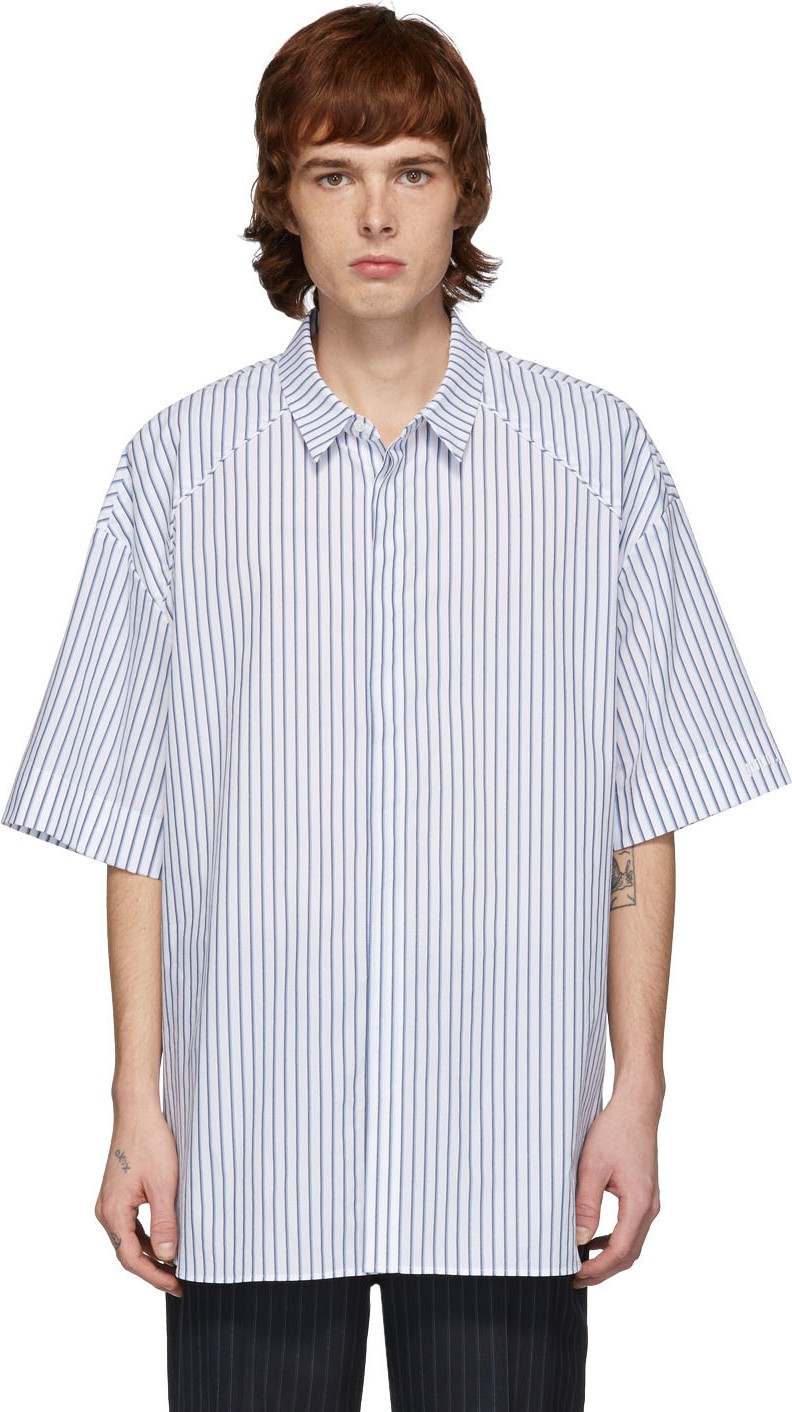 Juun.J White & Blue Poplin Striped Short Sleeve Shirt