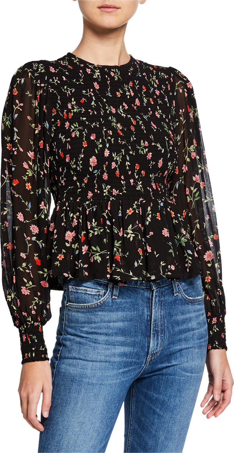 Ganni Floral-Print Smocked Long-Sleeve Peplum Blouse