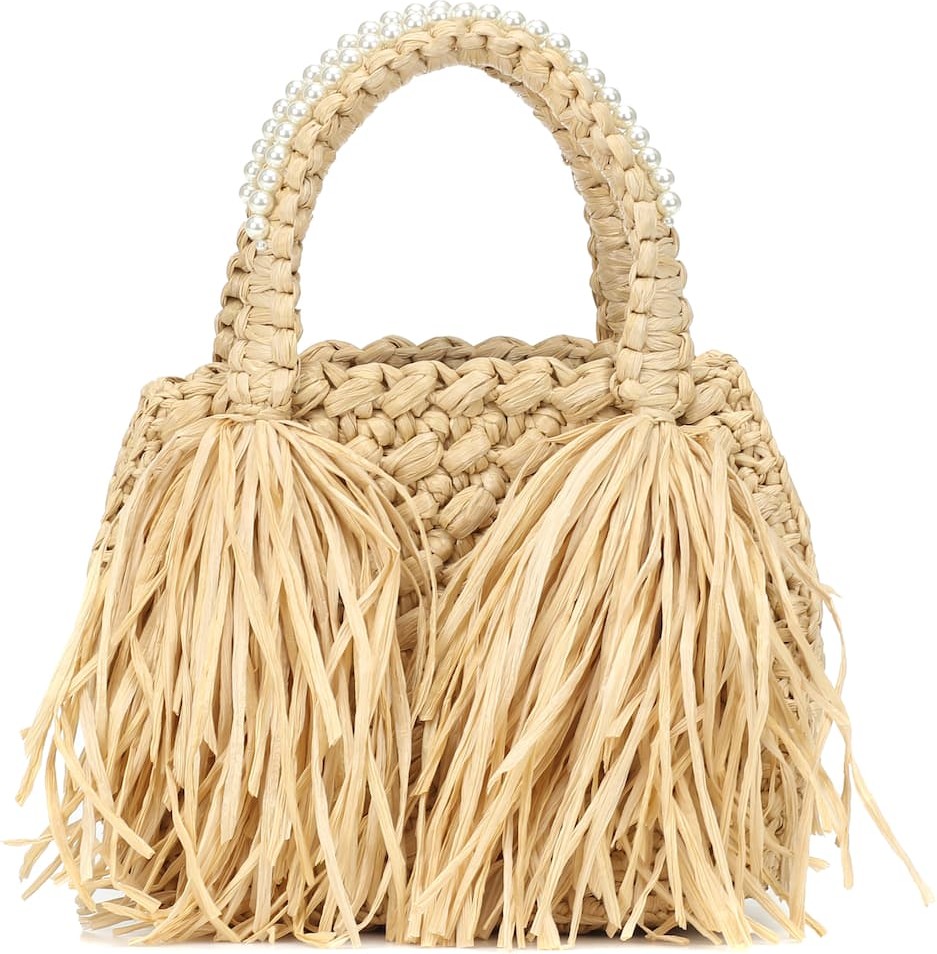 Simone Rocha Faux pearl-embellished raffia tote