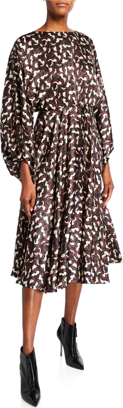 Saloni Kim Printed Blouson-Sleeve Midi Dress