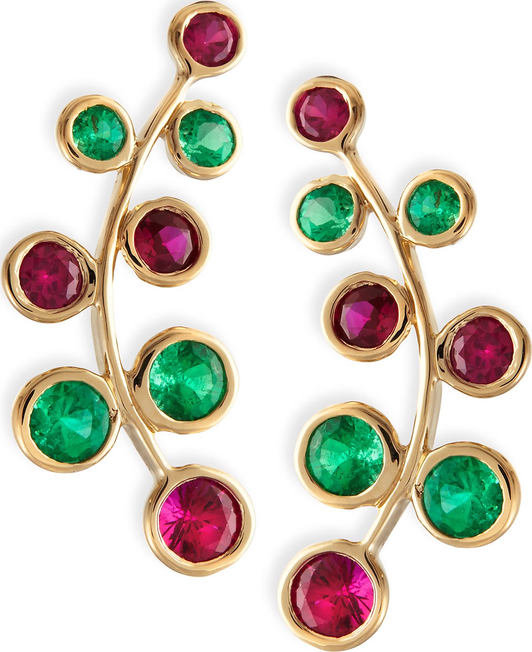 Rina Limor 18k Yellow Gold Vine Earrings with Rubies & Emeralds