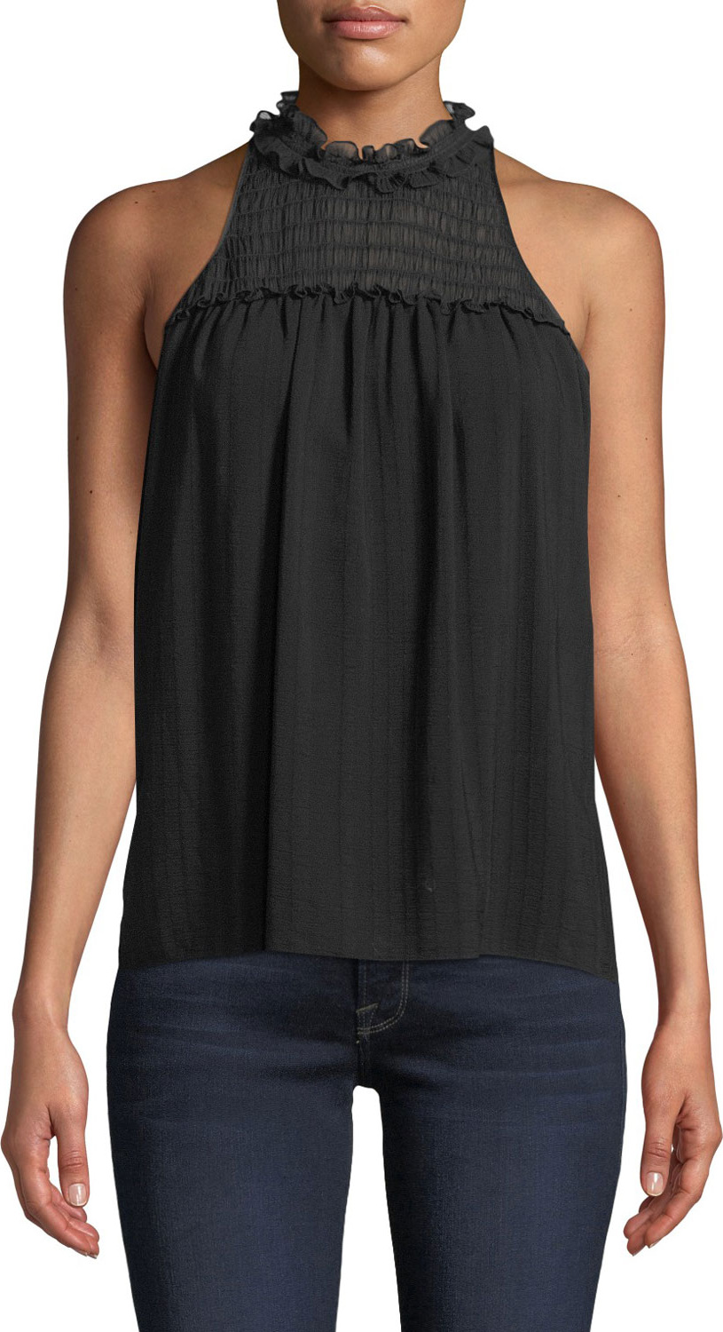 Ramy Brook Louisa High-Neck Ruffle Sleeveless Top