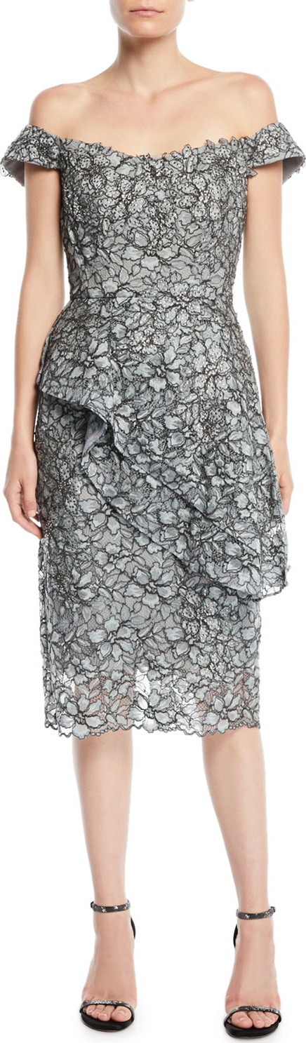 Jovani Off-the-Shoulder Lace Cocktail Dress w/ Peplum Detail