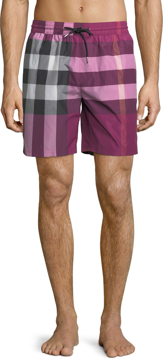Burberry London England Check Swim Trunks, Bright Pink