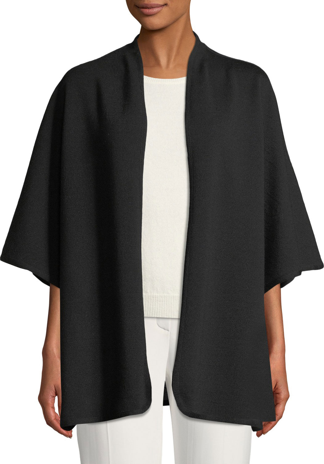 Escada Open-Front 3/4-Sleeve Wool Cape w/ Logo Intarsia