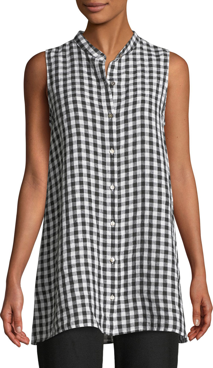 Eileen Fisher Sleeveless Organic Linen Gingham Tunic Shirt