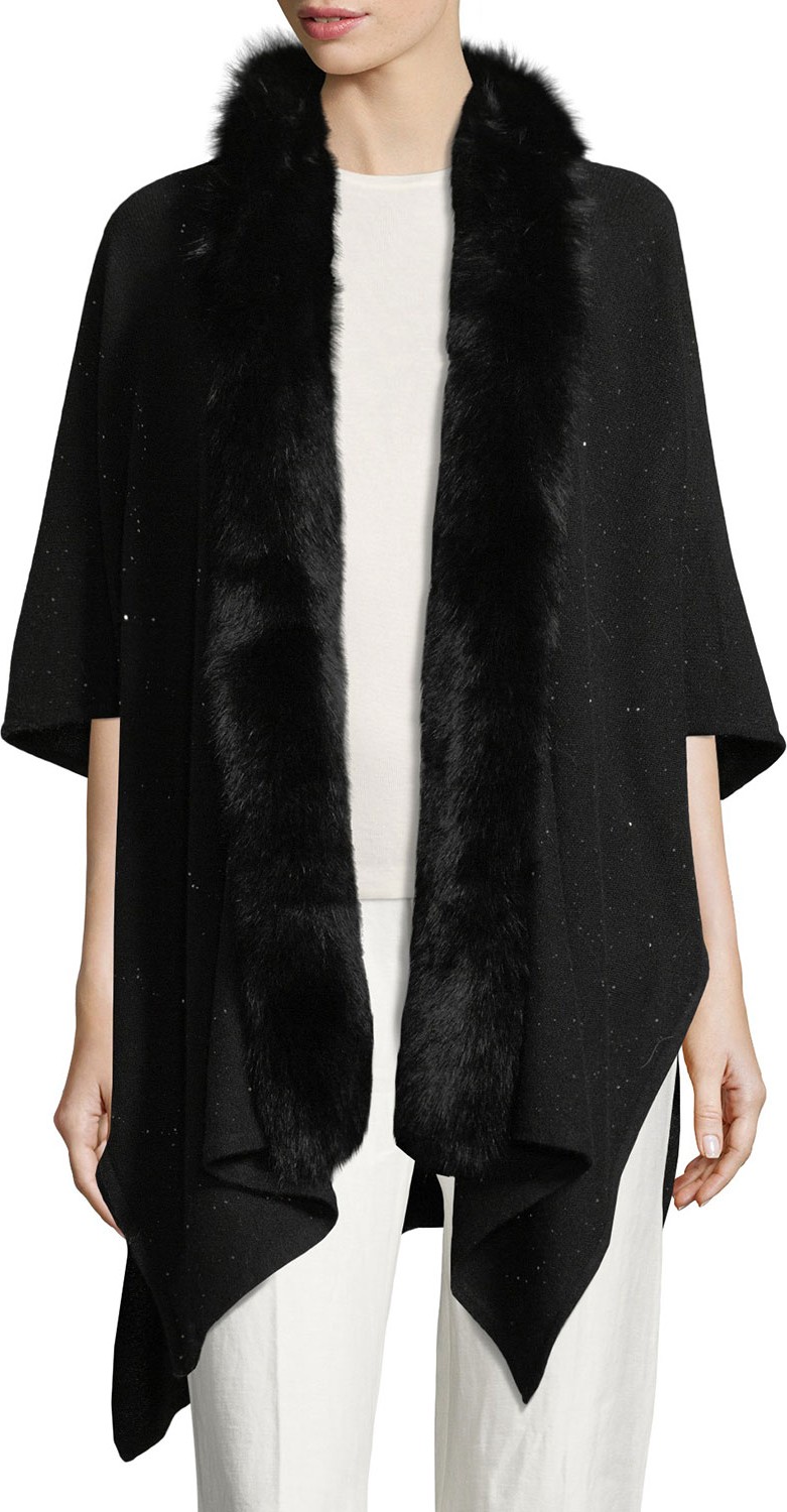 Sofia Cashmere Cashmere-Blend Sequin Ruana Wrap w/ Fur Trim