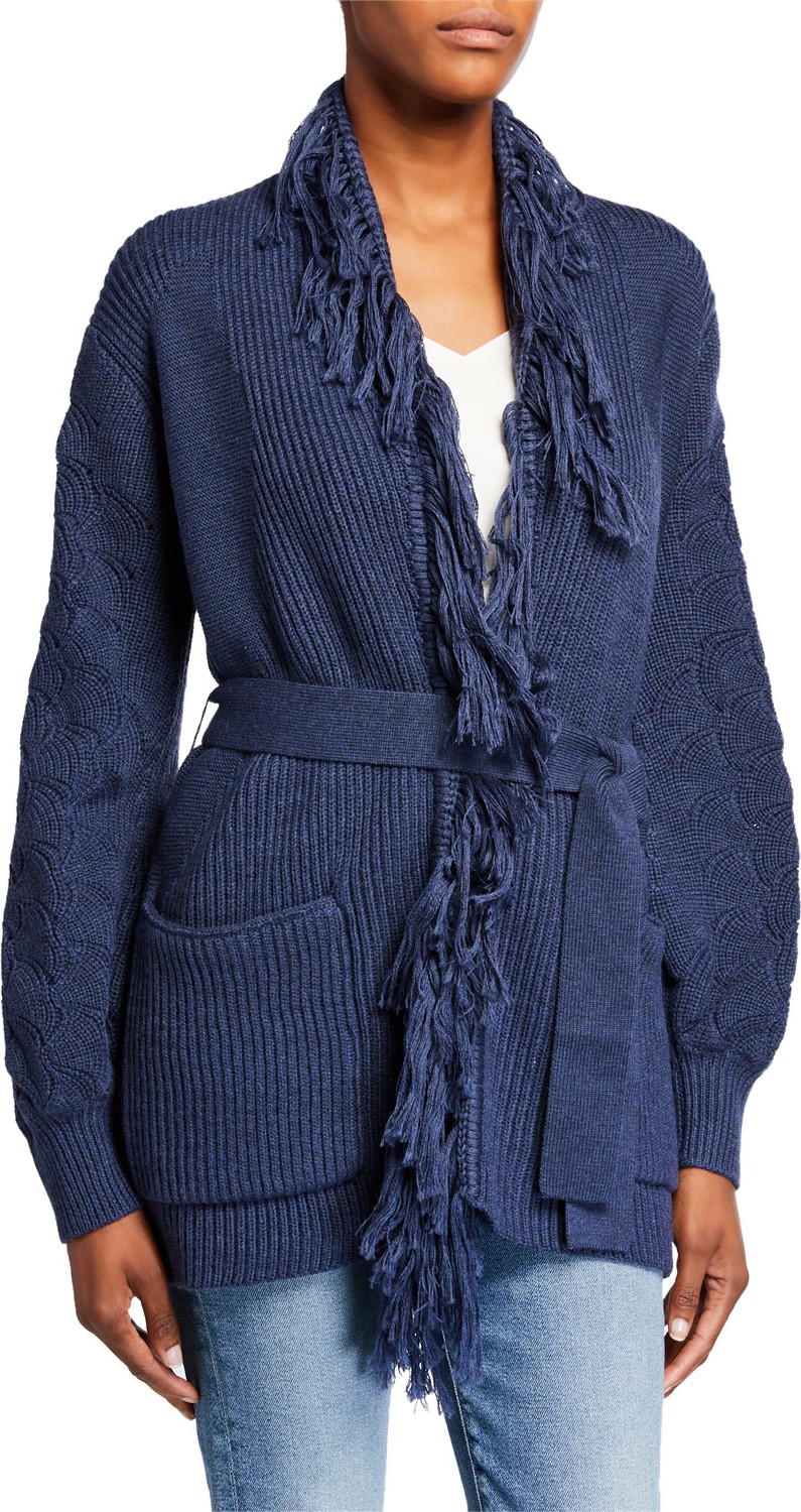 KOBI HALPERIN Monica Open-Front Fringe Belted Sweater