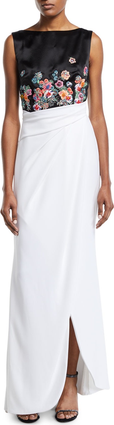Talbot Runhof Floral-Embroidered Two-Tone Draped Gown
