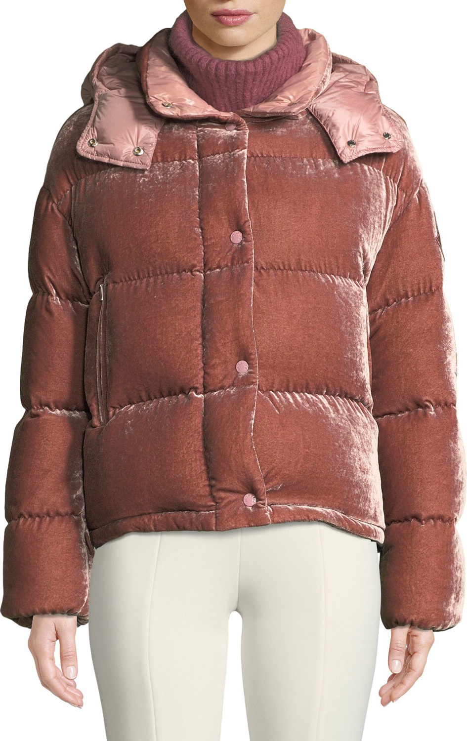 Moncler Caille Velvet Puffer Coat w/ Detachable Hood