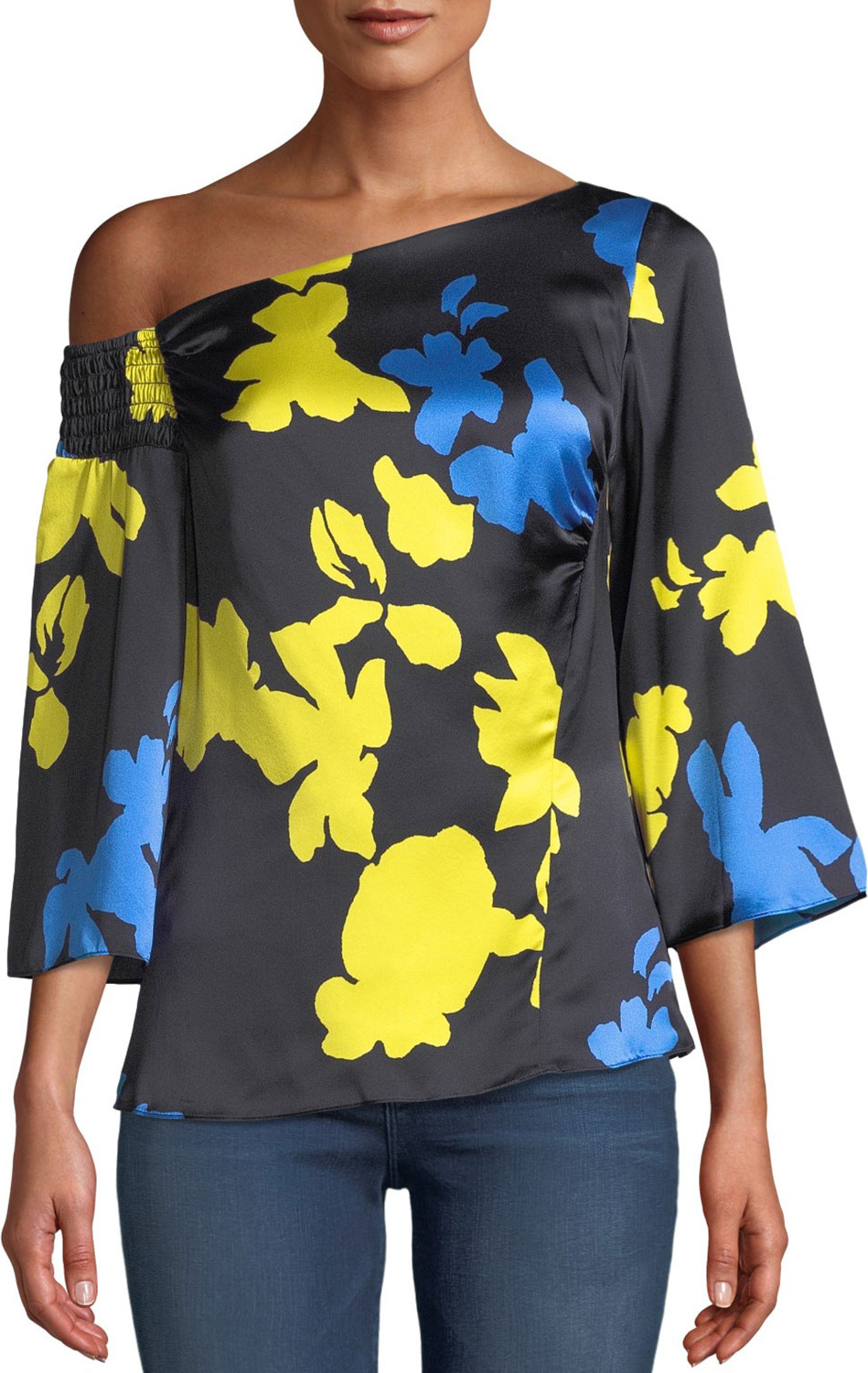 Tanya Taylor Bella Floral Silk One-Shoulder Top