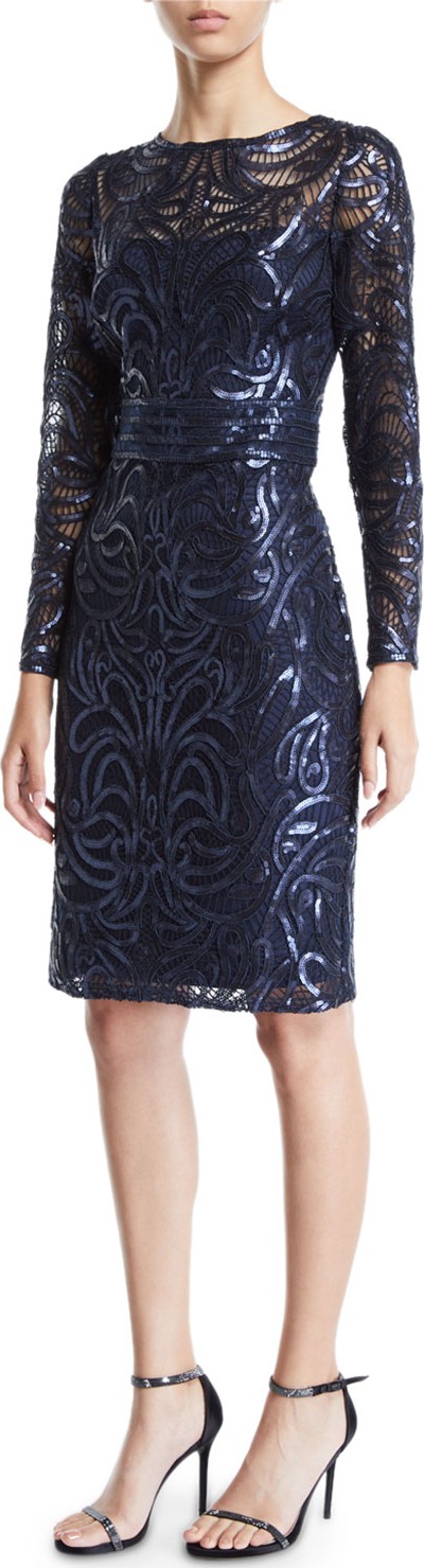 Tadashi Shoji Sequin Swirl Long-Sleeve Dress
