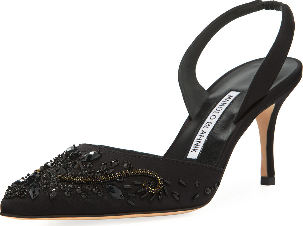 Manolo Blahnik Carolyne Embroidered Satin Low-Heel Halter Pump