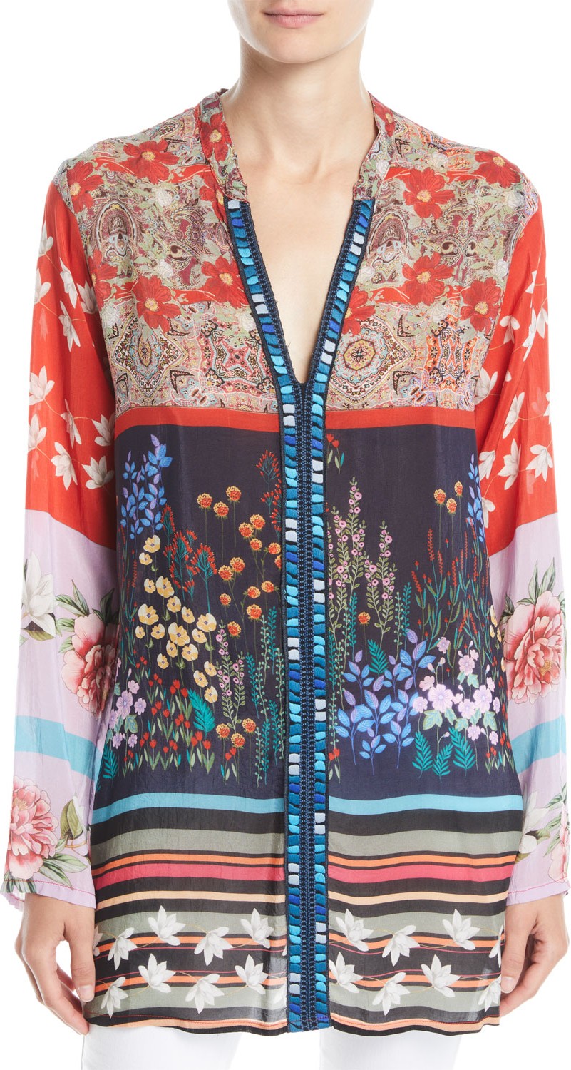 Johnny Was Paneled-Print Georgette Boyfriend Blouse