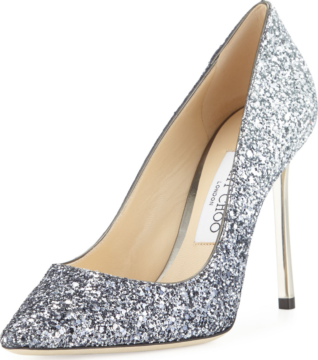 Jimmy Choo Romy Glitter Pointed-Toe 100mm Pump, Navy/Silver