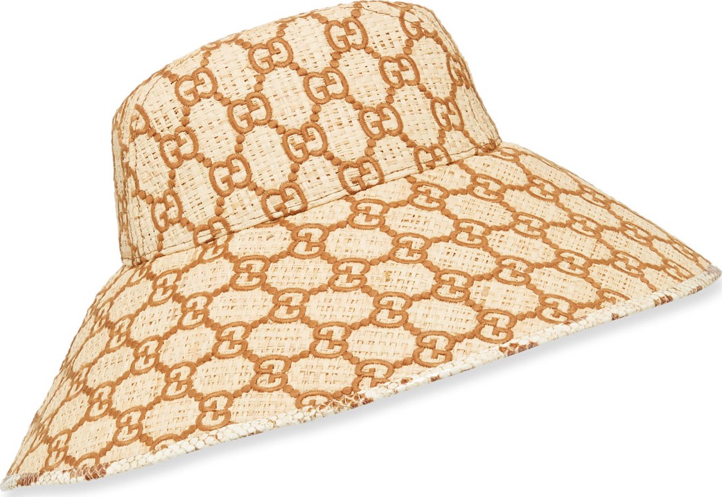 Gucci Raffia Interlocking G Embroidered Bucket Hat w/ Snakeskin Trim