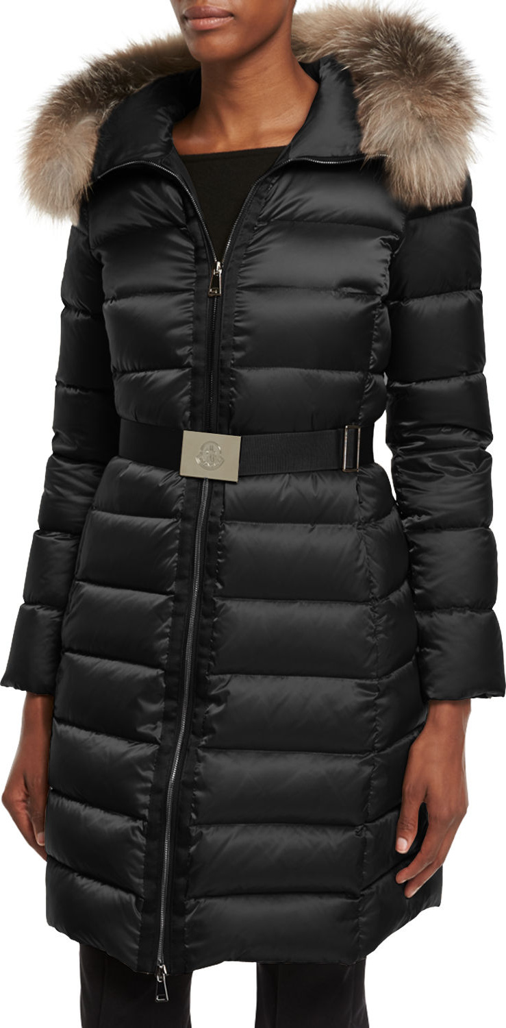 Moncler Tinuviel Shiny Quilted Puffer Coat w/Fur Hood
