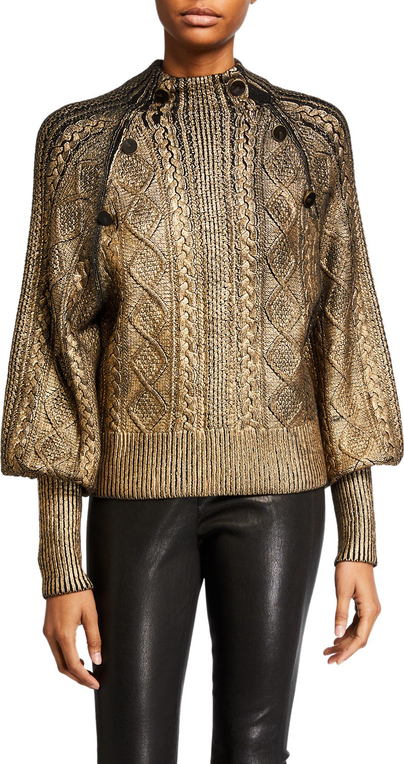 Veronica Beard Grady Bishop-Sleeve Metallic Sweater