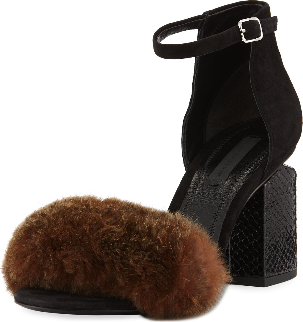 Alexander Wang Abby Fur Tilt-Heel City Sandals