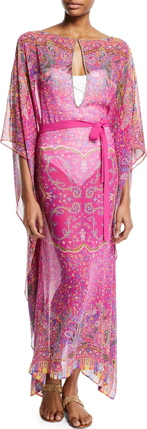 Etro Printed Silk Boat-Neck Long Caftan Coverup