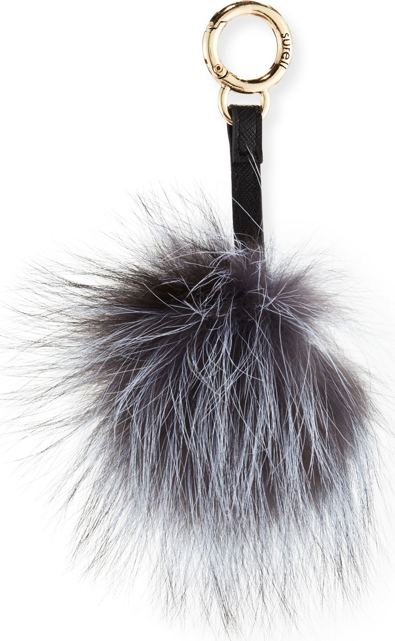 Surell Fox Fur Pompom Charm, Gray/Blue Frost