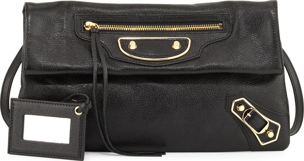 Balenciaga Metallic Edge Lambskin Envelope Clutch Bag, Black/Gold
