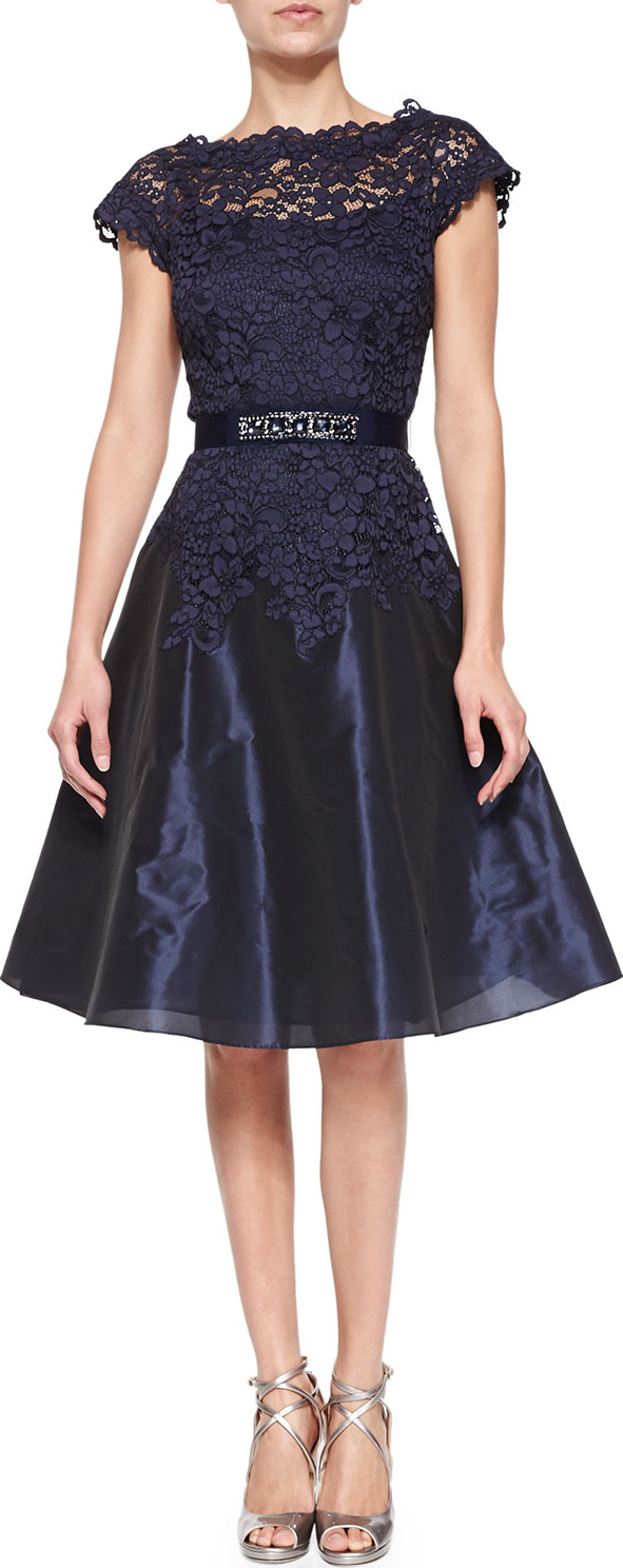 Rickie Freeman for Teri Jon Cap-Sleeve Lace Bejeweled-Waist Cocktail Dress