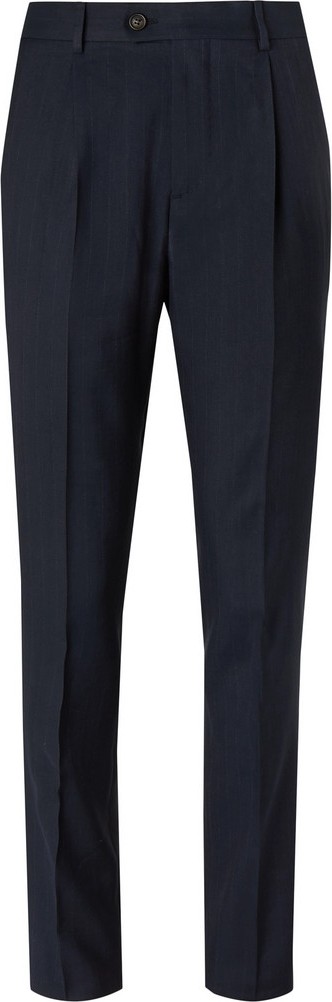 Brunello Cucinelli Navy Slim-Fit Pinstriped Wool, Linen and Silk-Blend Suit Trousers