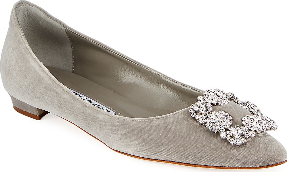 Manolo Blahnik Hangisi Crystal-Buckle Velvet Flat