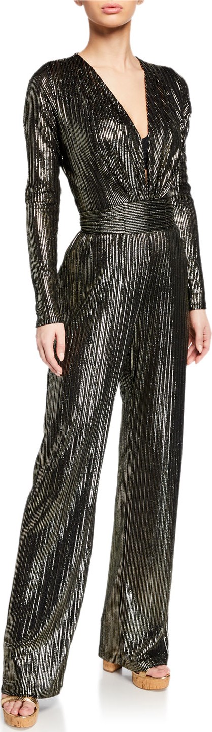 Melissa Odabash Plunging Metallic Long-Sleeve Coverup Jumpsuit