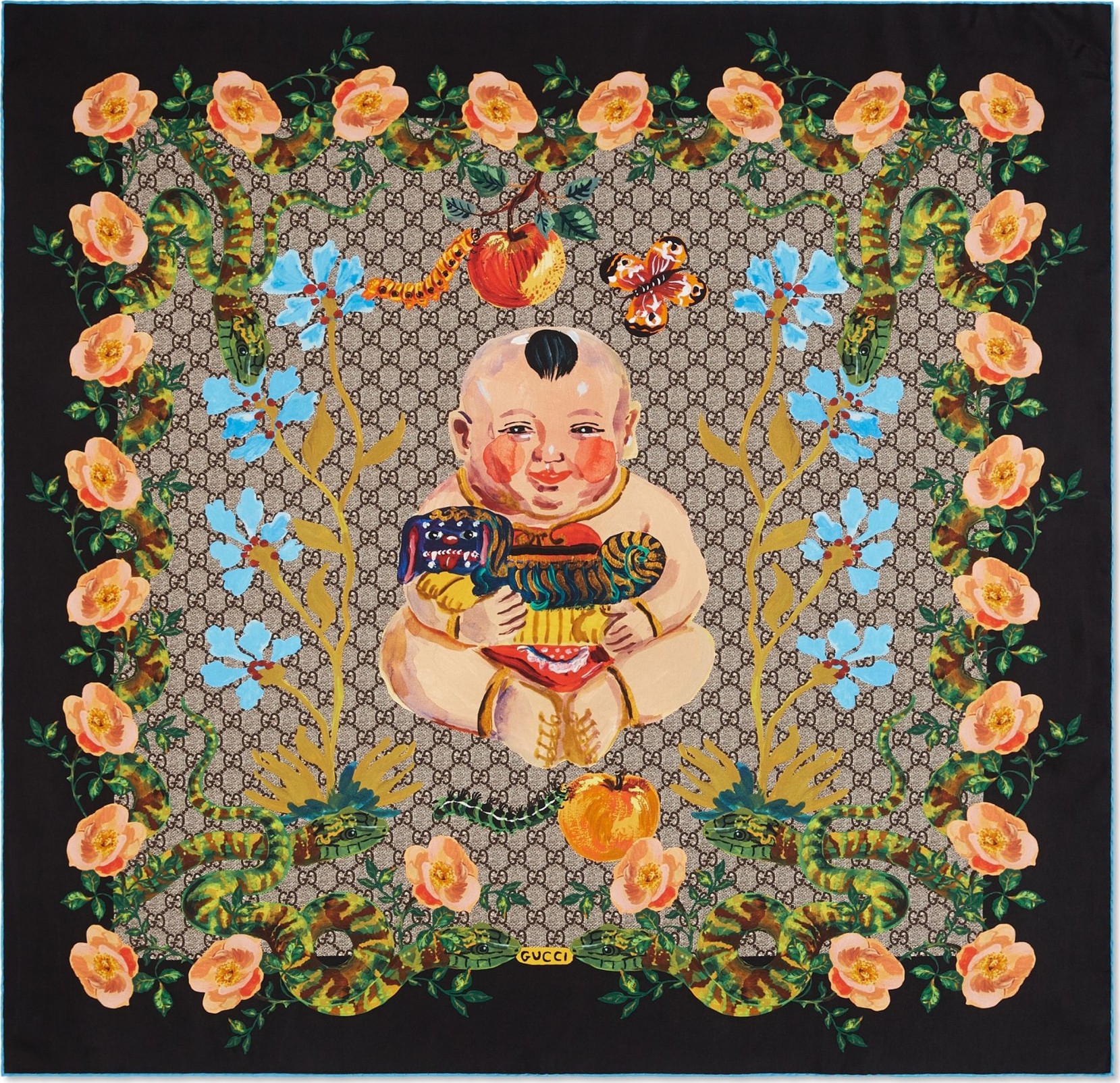 Gucci GG Baby & Flowers Print Silk Twill Scarf