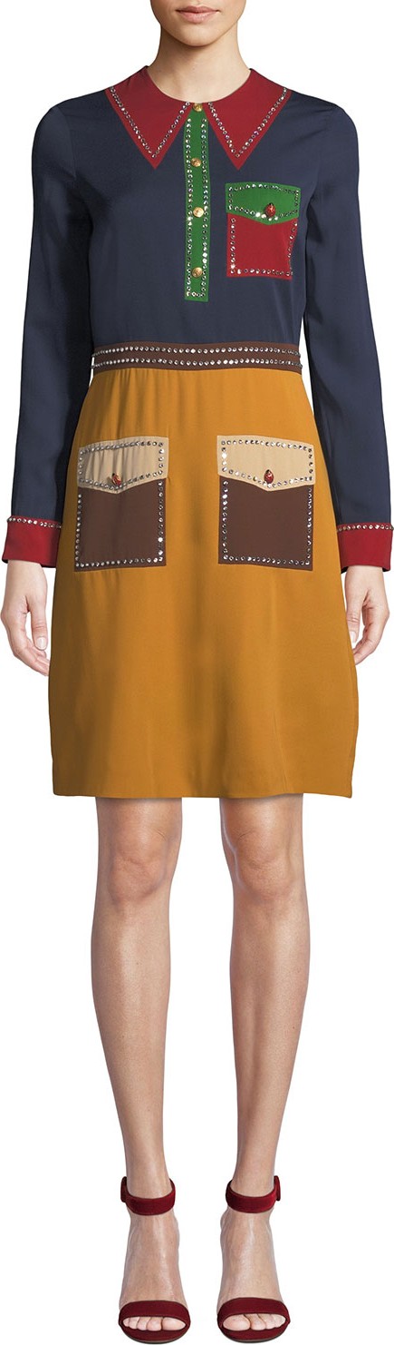 Gucci Long-Sleeve Trompe L'oeil Georgette Dress Gucci Long-Sleeve Trompe L'oeil Georgette Dress