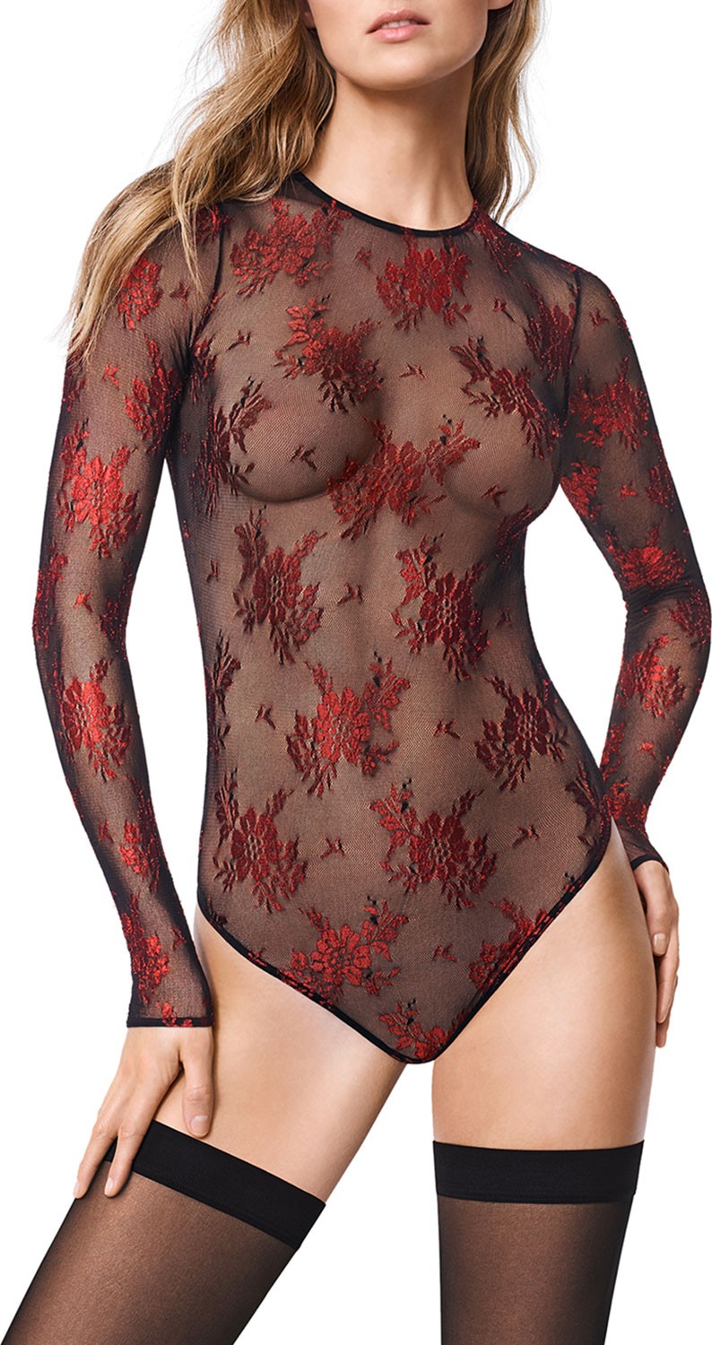 Wolford Lea Long-Sleeve Floral-Lace String Bodysuit