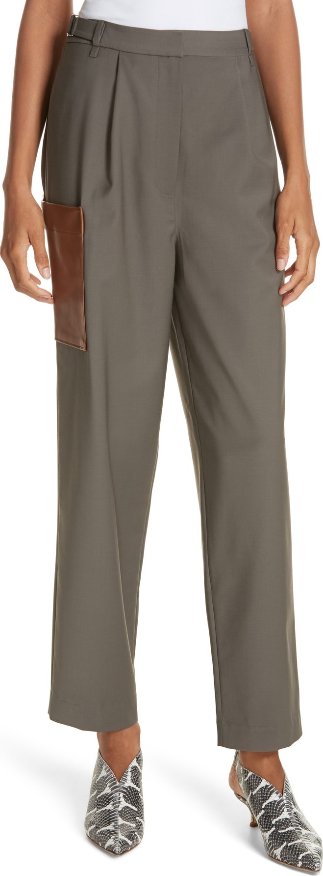 Tibi Tablier Leather Pocket Plain Weave Straight Leg Pants