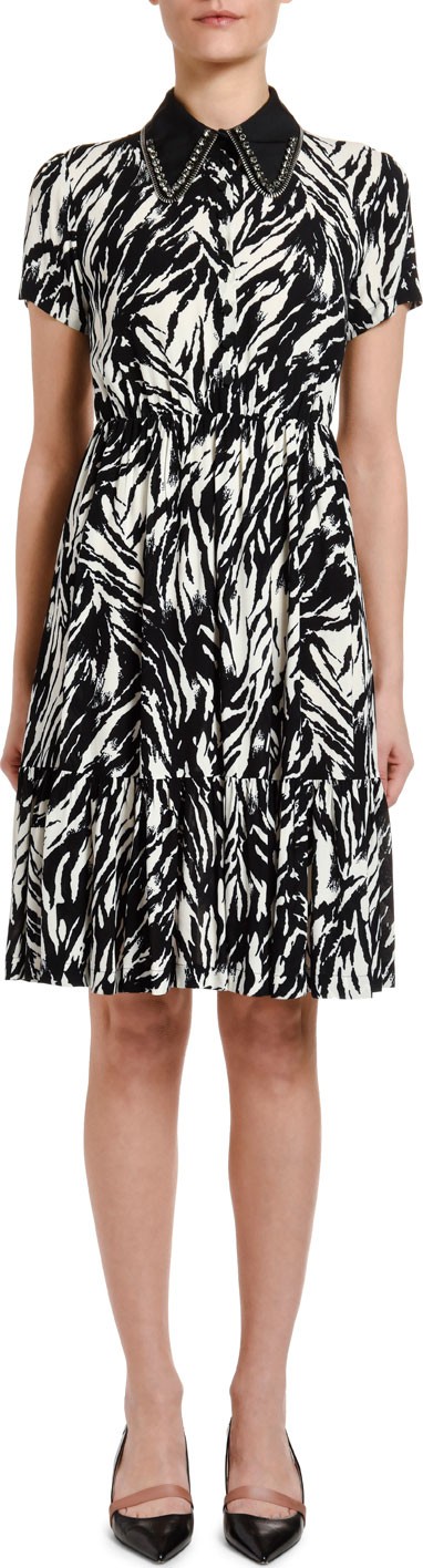 Nº21 Embellished Zebra-Print Short-Sleeve Dress