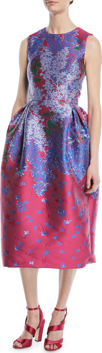Carolina Herrera Sleeveless Full-Skirt Floral-Brocade Tea-Length Dress