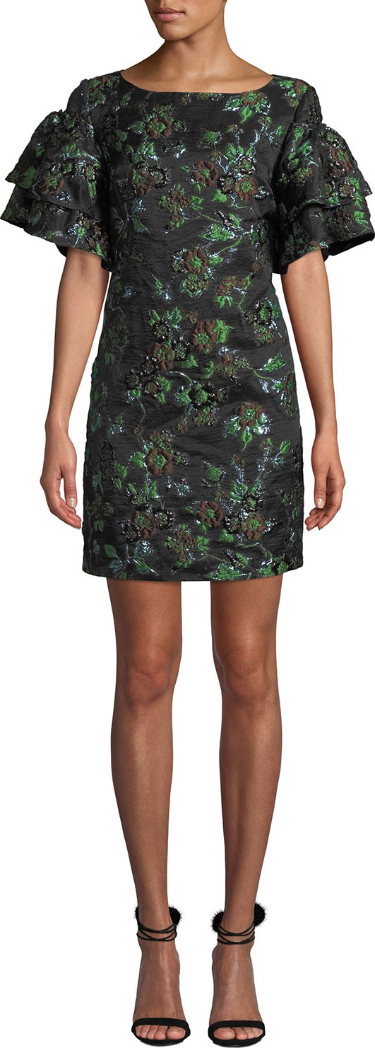 Badgley Mischka Brocade Exaggerated-Sleeve Dress