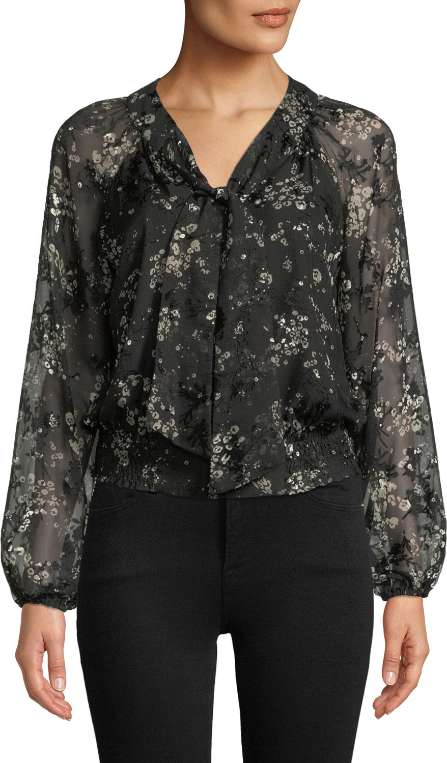 Parker Penelope Smocked Floral Tie-Neck Blouse
