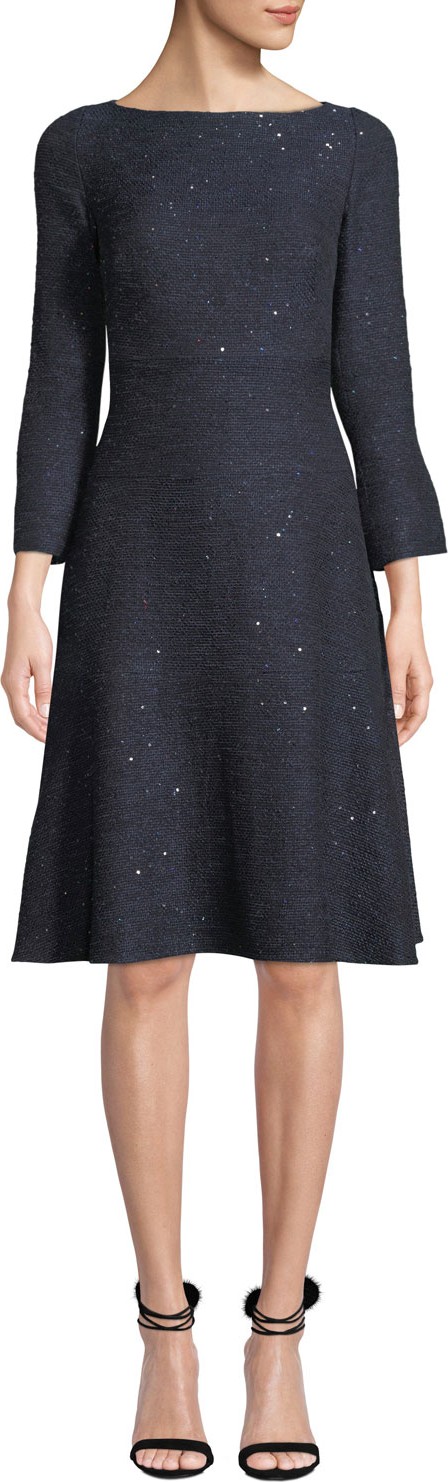 Lela Rose Boat-Neck Slit-Cuffs Fit-and-Flare Sequin Tweed Cocktail Dress