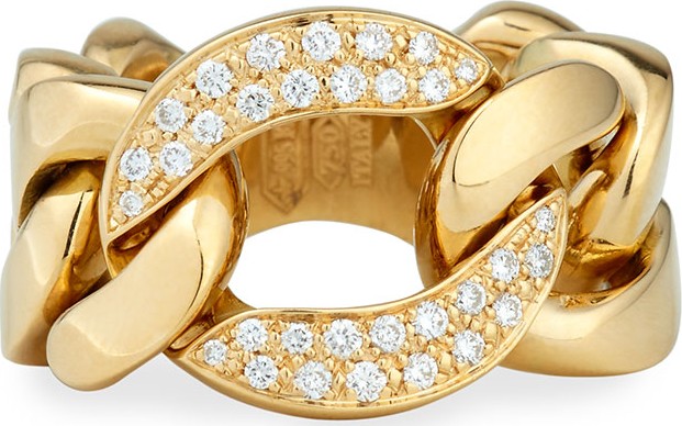 Bessa 18k Gold Curb Chain Link Diamond Ring, Size 6.5