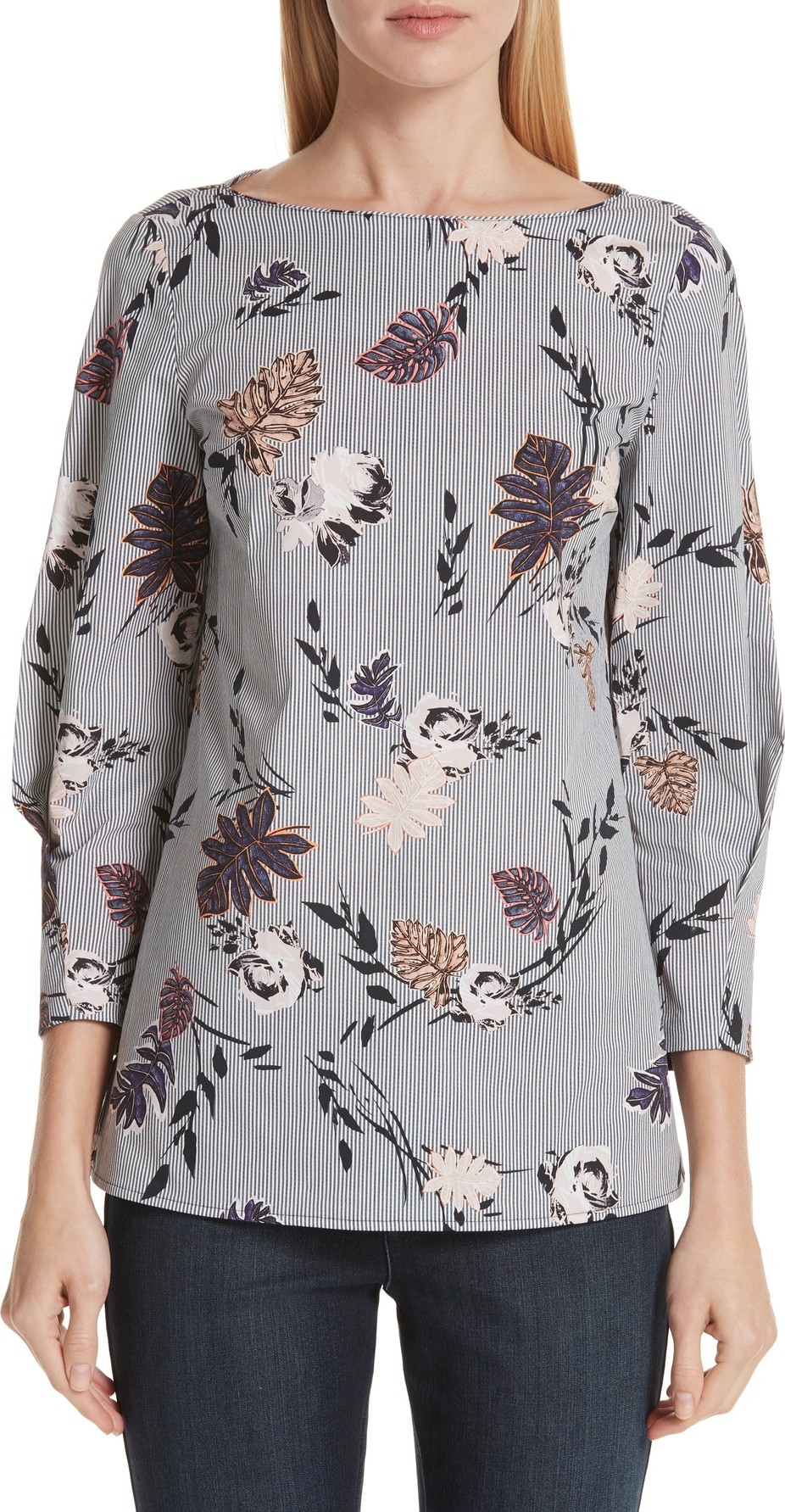 Lafayette 148 New York Caddie Floral & Stripe Stretch Cotton Blouse