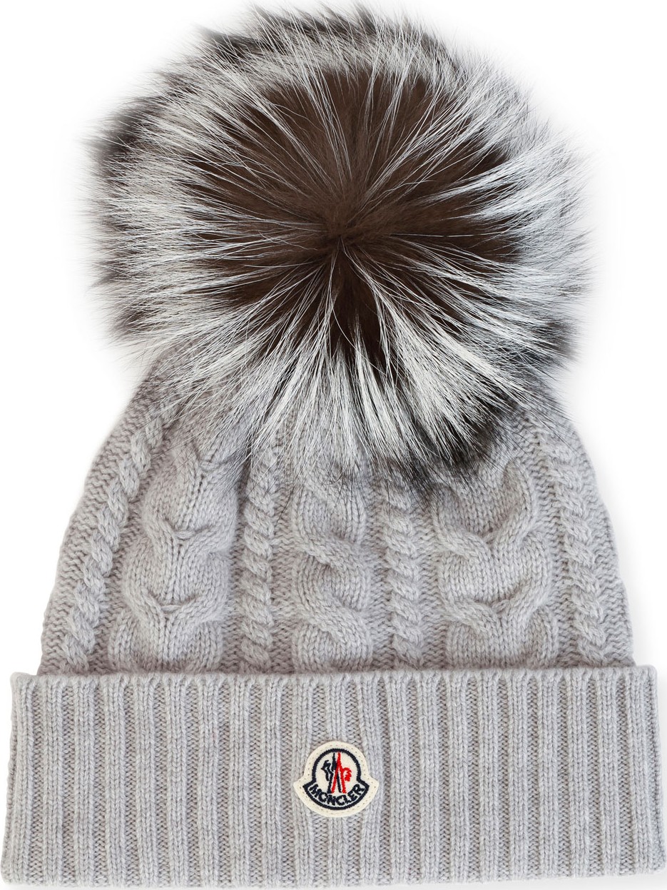 Moncler Cable-Knit Beanie Hat w/ Fox Fur