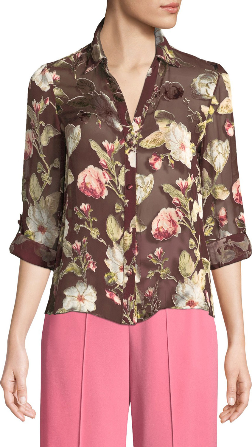 Alice + Olivia Eloise Roll-Cuff Floral-Print Sheer Blouse