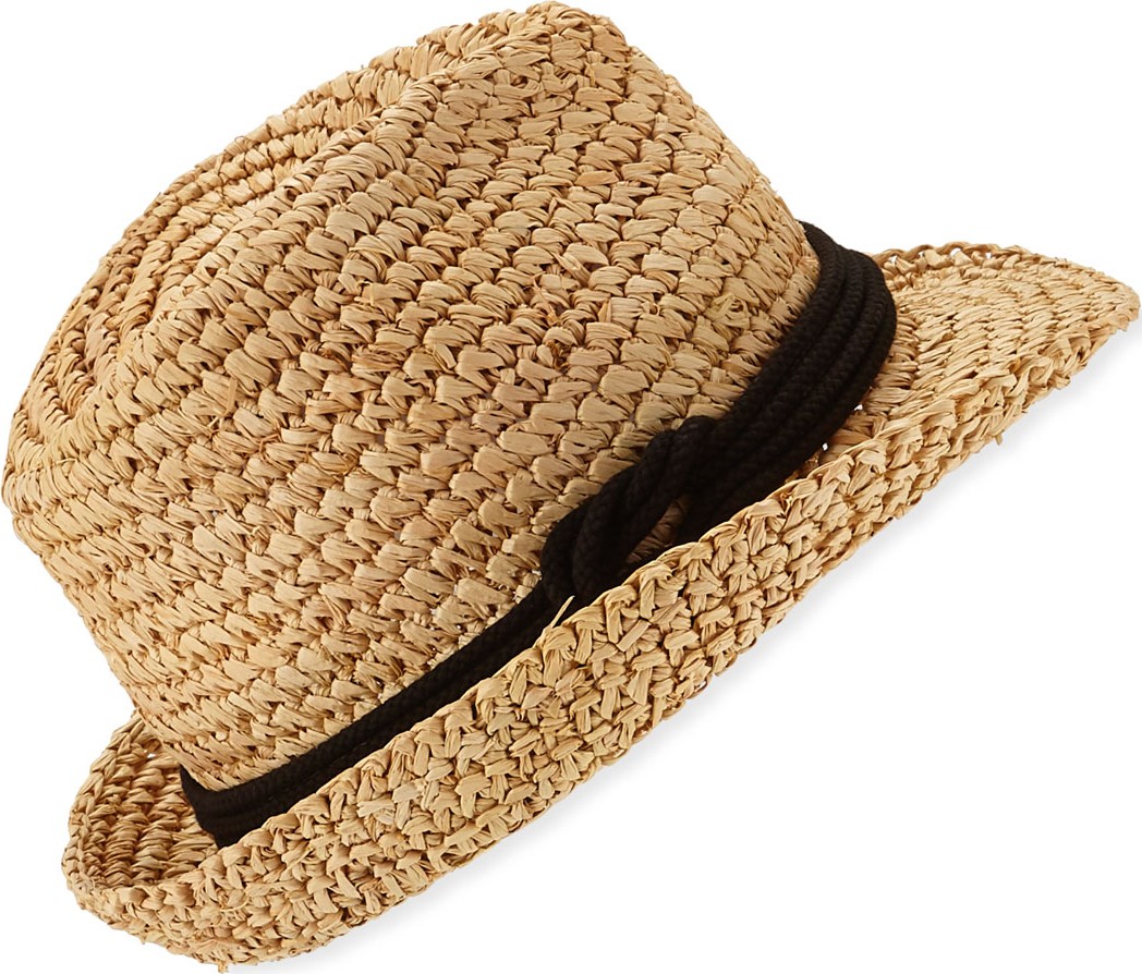 Tracy Watts Hitch Crochet Raffia Fedora Hat  Natural/Black