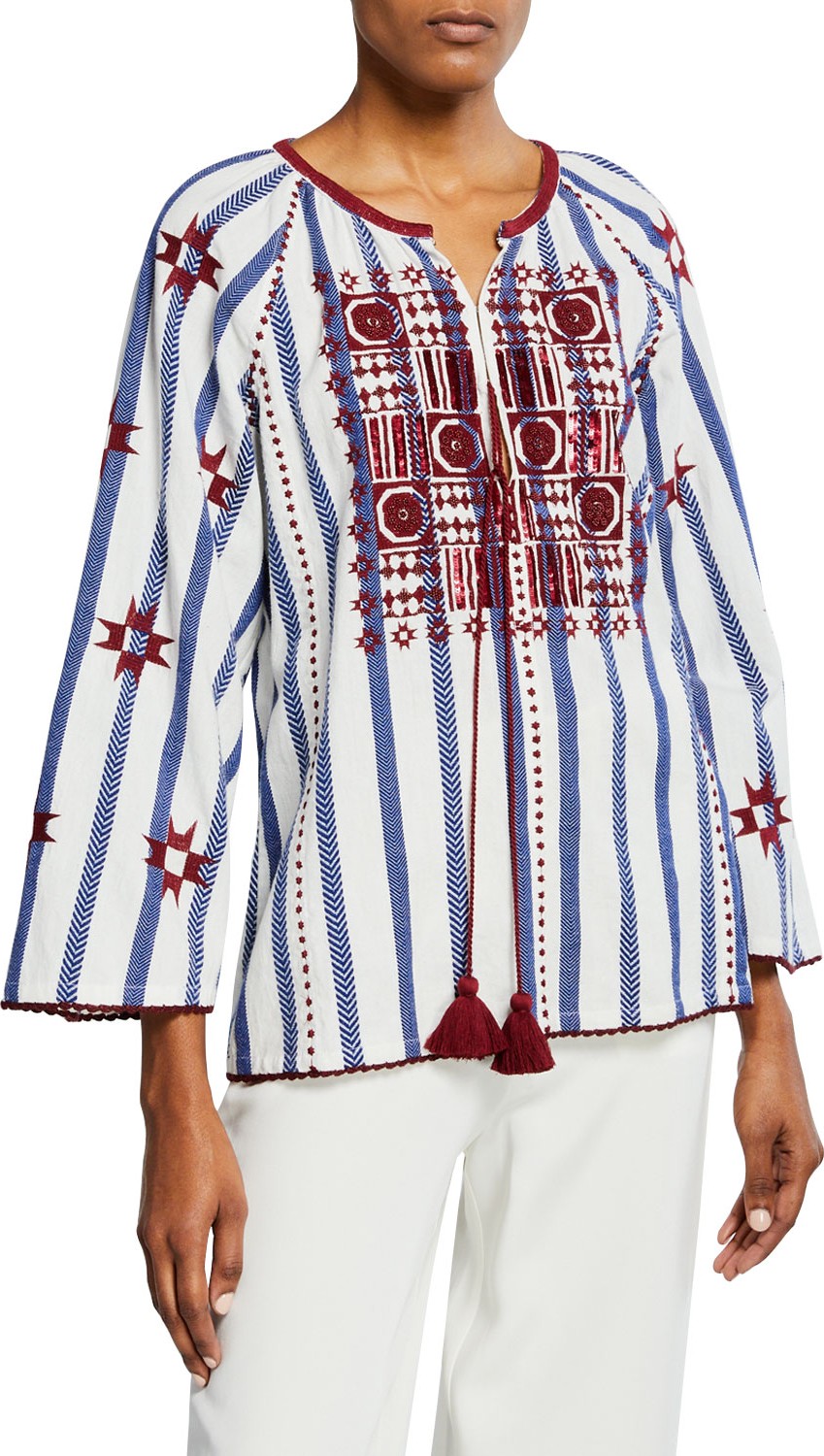 FIGUE Nikita Striped Embroidered Peasant Top