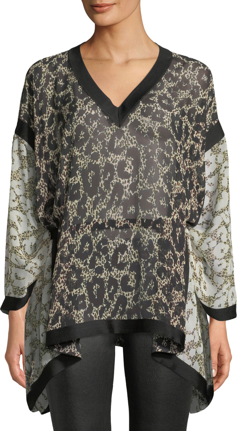 Roberto Cavalli Long-Sleeve V-Neck Retro Leopard-Print Caftan Blouse w/ Self Belt