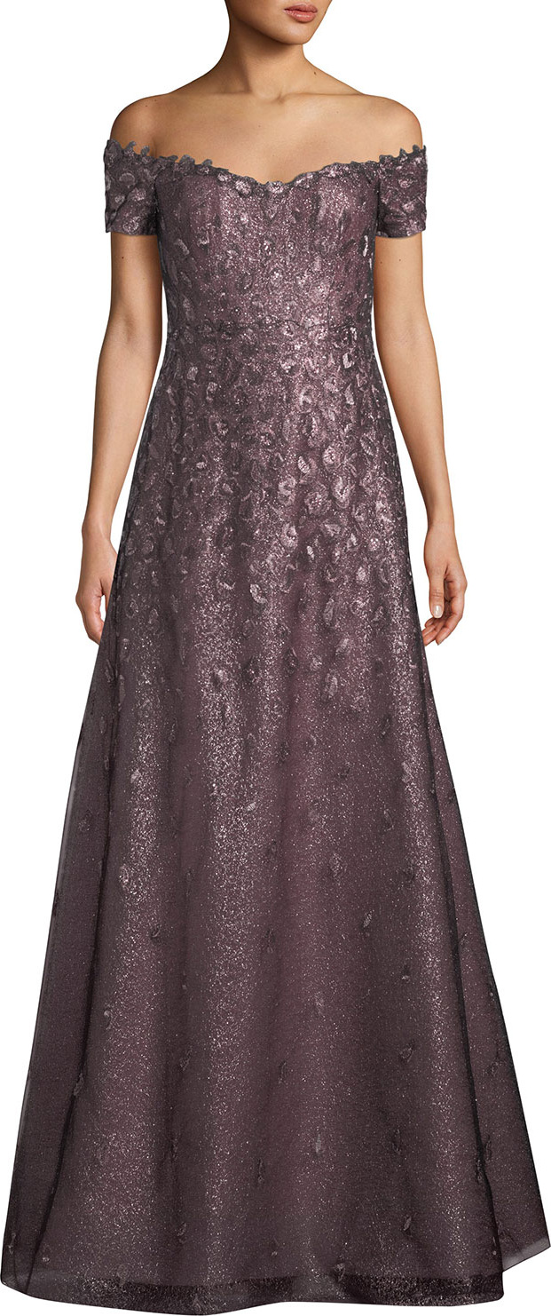 RENE RUIZ Off-the-Shoulder Lace Gown